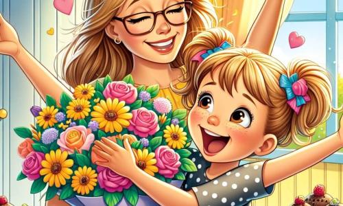Una ragazza di 9 anni, Sofia, con capelli biondi raccolti in due codini, sorride felicemente mentre tiene un bel mazzo di fiori colorati tra le mani. Indossa un vestito a pois e ha le guance rosa, mostrando la sua eccitazione e il suo amore per la mamma. Accanto a lei, la mamma, una donna di circa 35 anni con capelli castani e occhiali, è sorpresa ed emozionata, con le braccia aperte, pronta a ricevere un abbraccio. La scena si svolge in una cucina luminosa e accogliente, con pareti gialle e raggi di sole che filtrano dalle finestre, illuminando il tavolo dove ci sono muffin al cioccolato appena sfornati. Sofia si trova davanti alla mamma, circondata dall'odore delizioso delle pasticcerie, mentre risate riempiono l'aria. La situazione principale mostra Sofia che presenta con orgoglio il suo regalo a sorpresa per la festa della mamma, un momento pieno d'amore e tenerezza, dove i due personaggi condividono una bella connessione.