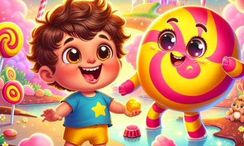 Un niño de 3 años, Lucas, con cabello castaño desordenado y mejillas grandes y rosadas, sonríe con asombro. Lleva una camiseta azul con estrellas y un pantalón corto amarillo, mientras sostiene una bola dorada brillante en sus pequeñas manos. A su lado, un caramelo gigante llamado Dulce, con un cuerpo colorido en rojo y amarillo y brazos y piernas de dulce, baila alegremente, con ojos chispeantes de travesura. El decorado es un mundo fantástico lleno de nubes de algodón de azúcar rosa, ríos de chocolate que fluyen suavemente y caramelos voladores que iluminan el cielo. En la distancia, un castillo de gelatina brillante se erige, rodeado de flores de azúcar. La escena principal muestra a Lucas y Dulce riendo y jugando juntos, mientras barcas de pastel navegan por el río de chocolate, con peces de goma saltando a su alrededor, creando un ambiente alegre y mágico.