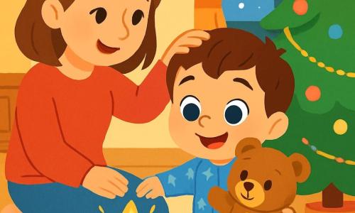 Un bambino di 2 anni, Marco, con grandi occhi brillanti e un sorriso radioso, è seduto su un tappeto morbido, tenendo un orsacchiotto tra le braccia. Indossa un pigiama blu a stelle e il suo viso esprime una gioia intensa. Sua madre, una donna dolce di circa 30 anni con capelli castani e un caldo maglione rosso, è vicino a lui, sorridendo teneramente mentre gli accarezza i capelli. L'ambiente è un salotto accogliente, decorato per Natale, con un grande albero verde che scintilla di luci colorate e ghirlande dorate. Fiocchi di neve cadono dolcemente all'esterno attraverso una finestra, creando un'atmosfera magica. In questa scena, Marco scopre una piccola scatola rossa sotto l'albero di Natale, che apre con meraviglia, rivelando una stella dorata, mentre l'orsacchiotto sembra condividere la sua gioia.