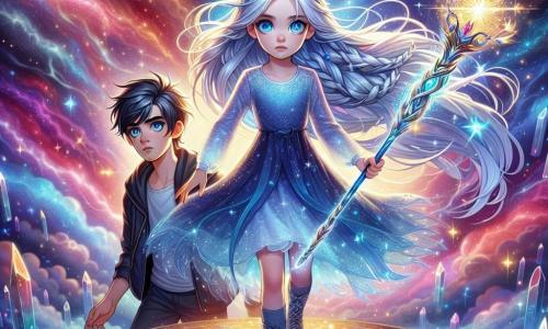 Una giovane donna di nome Lira, di circa 15 anni, si trova su una piattaforma astrale scintillante, con i suoi lunghi capelli argentati che fluttuano intorno a lei come filamenti di luce. Il suo volto esprime una determinazione luminosa, i suoi occhi brillano di un blu profondo, riflettendo le stelle che la circondano. Brandisce un bastone magico, il Bastone di Aethra, che emette lampi di luce dorata. Accanto a lei c'è Maal, un ragazzo di 16 anni con occhi argentati e capelli scuri, che osserva con un'espressione di preoccupazione e ammirazione, pronto a sostenere Lira. Il paesaggio è una vasta distesa di cosmos, con galassie e nebulose colorate sullo sfondo. La piattaforma è fatta di cristalli brillanti, sospesa sopra un abisso di stelle scintillanti, creando un'atmosfera magica e misteriosa. Lira è pronta ad affrontare le ombre minacciose che si delineano attorno a loro, mentre lampi di luce scaturiscono dal suo bastone, illuminando il vuoto spaziale. L'aria è carica di energia, e l'intensità del momento sottolinea la lotta tra luce e oscurità.