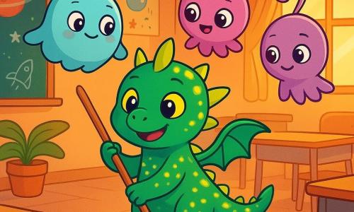 Lumo, un pequeño dragón del tamaño de una mochila, tiene escamas brillantes como luciérnagas y ojos amarillos chispeantes de curiosidad. Se encuentra en el centro de la clase 3B, barriendo el suelo con su cola, con una sonrisa alegre iluminando su rostro. Alrededor de él, los Astrellos, criaturas extraterrestres de formas suaves y redondeadas, flotan en el aire. Una mujer con una estrella azul en la cabeza tiene ojos de nácar y sonríe con benevolencia, mientras que un joven Astrello con antenas en espiral observa a Lumo con asombro, sus ojos redondos brillando de fascinación. El decorado es un aula colorida, con pupitres de madera, carteles de planetas en las paredes y una gran ventana dejando pasar una luz dorada. La pizarra está cubierta de dibujos a la tiza, y una planta verde se erige orgullosamente en un rincón. La situación principal muestra a Lumo y los Astrellos limpiando juntos, riendo e intercambiando objetos mágicos, creando una atmósfera de camaradería y alegría.