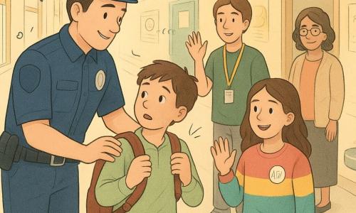 A smiling, calm thirty-something police officer with short brown hair and a clean navy uniform gently adjusts a young boy’s backpack straps to show the correct fit while a teenage girl, Suri, in a colorful sweatshirt with an “Ask Me” badge waves at passersby near a hallway fountain and a slightly shy but attentive teen boy, Mateo, wearing a yellow lanyard, says “Good evening”; a surprised then relieved nine-year-old fixes his pack with both straps as the officer demonstrates, and librarian Mrs. Patel, about 50, watches kindly from the study-room entrance in a long pastel-walled community center corridor with light linoleum flooring, blue adhesive walking arrows, simple “Quiet Zone” posters and a small bench by a silver fountain, a calm warm evening light filtering through high windows; style: soft tones, light contrast, rounded lines, crayon textures and small doodle overlays (stars, arrows, greeting bubbles) to emphasize the friendly atmosphere.