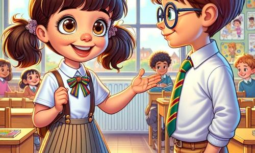 O fetiță de 10 ani, pe nume Maria, stă în centrul imaginii, cu două codițe brunete și ochi strălucitori de curiozitate. Ea poartă o uniformă școlară colorată, cu o fustă plisată și un tricou alb, și zâmbește larg, plină de entuziasm, în timp ce întinde mâna către un nou coleg. Lângă ea se află David, un băiat de 10 ani, puțin mai înalt decât ea, cu părul castaniu și ochelari. El pare puțin nervos, dar fața lui se luminează de bucurie când vede primirea călduroasă a Mariei. În fundal, se poate observa o clasă luminoasă, cu pereți decorați cu desene de copii, mese din lemn bine aranjate și o tablă neagră plină de culori vii. Feronierile lasă să intre lumina soarelui, creând o atmosferă primitoare și veselă. Situația principală o arată pe Maria prezentându-l pe David colegilor săi de clasă, încurajându-l să se alăture lor pentru a se juca și a învăța împreună, ilustrând astfel importanța prieteniei și incluziunii la școală.