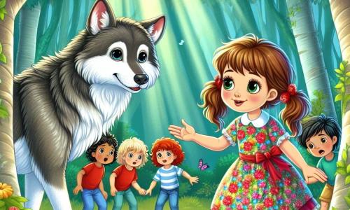 În centrul imaginii, o fetiță de 6 ani, pe nume Ana, stă curajos în fața unui mare lup cu blană gri. Are ochi mari și strălucitori, plini de curiozitate și compasiune, și poartă o rochie colorată cu flori, având părul castaniu prins în două cozi. Ana întinde o mână prietenoasă spre lup, zâmbind călduros. Lângă ea, un grup de patru copii, cu vârste între 6 și 8 ani, observă cu uimire. Andrei, cel mai mare, are părul blond și poartă un tricou roșu, în timp ce Mia, o fetiță cu părul brun, este îmbrăcată într-o rochie albastră și se ascunde puțin în spatele unui copac, dar fața ei arată interes. Ceilalți doi copii, un băiat cu părul negru și o fetiță cu părul roșu, sunt curioși și se apropie cu precauție. Scena se desfășoară într-o pădure fermecată, unde razele soarelui trec prin frunzele verzi, creând modele de lumină pe sol. Flori colorate și fluturi zboară în jurul lor, adăugând o notă de magie mediului. Situația principală arată cum Ana, plină de curaj, încearcă să-și convingă prietenii că Lupuț, lupul, este de fapt un prieten și nu un răufăcător. Copiii, deși sceptici, încep să se relaxeze, fiind intrigați de bunătatea lui Lupuț, care îi observă cu ochi blânzi și triști.