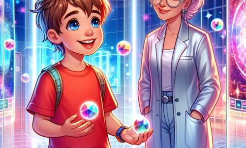 An 8-year-old boy with messy brown hair and sparkling curious eyes stands in the center of a futuristic room. He wears a bright red t-shirt and blue shorts, with a big smile of wonder on his face. Beside him is a woman around 40 years old, with silver hair and round glasses, watching him kindly. She wears a shiny silver jumpsuit that glimmers under the lights. The room is filled with transparent glass walls, where floating screens display colorful images of galaxies and futuristic technologies. Soft lights and geometric shapes float around them, creating a magical atmosphere. In this scene, the boy holds a sparkling marble in his hand, preparing to make a wish to travel through time. Excitement and anticipation are evident on his face as he gets ready to discover a new world.