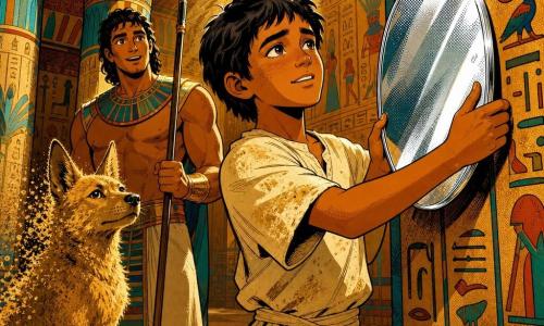 A relieved, tired young man Nebamun with tanned skin, short black hair and a sand-stained cream linen tunic gently lifts a large silver oval mirror—the Mirror of Seshat—onto a wall hook as Hori, about 30, broad-shouldered and smiling faintly, stands behind him on the right holding a spear and gazing in wonder at the mirror; to the left a golden-coated dog/jackal named Setem with bright black eyes sits at the threshold, fading into a wash of heat and dust; the scene is inside an Egyptian temple with papyrus-bundle columns painted blue and gold, ochre walls covered in colorful hieroglyphs, and a shaft of light from a high opening illuminating the mirror, creating an atmosphere of relief and calm in a warm ochre, gold and turquoise palette with bright silver highlights on the mirror.