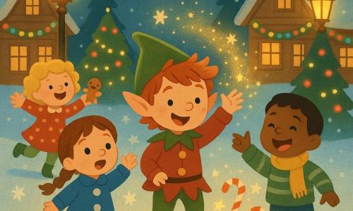 There are four children: a mischievous elf boy (~6) with pale skin, messy red hair, a pointed green hat and red bell-trimmed jacket at center front scattering magical dust with his right hand; a ~7-year-old girl with brown braided hair, sky-blue coat with large white buttons and red boots to his left, hands raised in wonder toward snow-star sparks; a ~7-year-old boy with tan skin, short black hair, green-and-white striped sweater and yellow scarf to his right, laughing and pointing at dancing red-and-white candy canes; and a ~6-year-old girl with fair skin, curly blonde hair, red polka-dot dress and green tights slightly behind left, holding a gingerbread man and skipping with joy. They stand on a snowy village square at night with wooden houses adorned with multicolored garlands, golden streetlamps casting warm light, decorated fir trees, and star-shaped snowflakes falling; the elf’s gentle magic makes lights blink in joyful patterns, candy canes hop like dancers, and flakes turn into little golden stars around the laughing children.