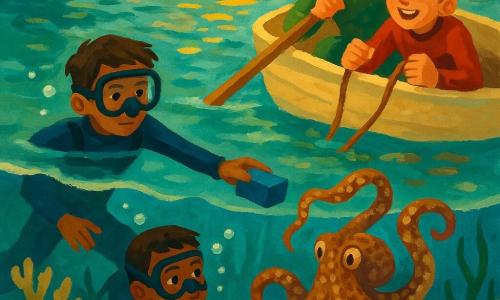 Three boys, about 12: Milo (short brown hair, calm eyes) underwater at left in a dark blue wetsuit and mask, offering a small hard blue box to distract a brown-and-cream octopus with textured tentacles holding a metal weight; Finn (blond, worried but attentive) in a small boat at right in a green wetsuit, leaning over with an oar, watching Milo; Jay (red hair, freckles, excited) in a red wetsuit in the boat near Finn, gripping a rope and admiring the scene. A small coastal reef: turquoise to deep blue water, sparkling surface with golden sunlight rays, colorful corals and pale sand, a few silver fish and seaweed around a rocky ledge; bubbles, descending light beams, visible ropes and diving gear, thick gouache-like textures and vivid colors.