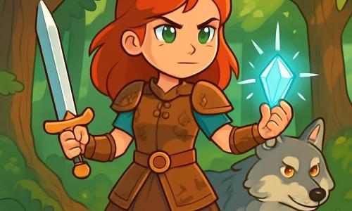 A young woman, Seris, stands at the center of the scene, with vibrant red hair and bright emerald eyes, displaying a determined and brave expression. She wears light brown leather armor adorned with floral patterns and holds a shimmering sword in her right hand, while in her left hand, she clutches a small glowing crystal, the Heart of Unity. Beside her, a majestic wolf, Fen, with golden eyes and silver-gray fur, stands ready to protect her. He attentively surveys their surroundings, his ears perked up as if sensing imminent danger. In the background, a dense forest with towering trees, gnarled trunks, and bright green leaves creates a mystical atmosphere. Rays of light filter through the foliage, illuminating the moss-covered ground and colorful flowers. The main scene shows Seris and Fen preparing to embark on a quest, determined to unite the kingdoms against the darkness threatening their world. A gentle breeze makes the leaves dance around them, adding a touch of magic to this crucial moment.