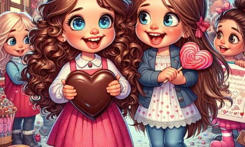 Una niña de 8 años, Valentina, con cabello rizado y brillante, lleva un vestido rosa con lunares blancos y botas rojas. Tiene una gran sonrisa alegre y ojos chispeantes de emoción mientras sostiene un gran corazón de chocolate en sus manos. Junto a ella, su mejor amiga Lucía, también de 8 años, tiene el cabello largo y liso, atado en dos coletas. Lleva una blusa azul y un pantalón de mezclilla, y se ríe mirando a Valentina, con las mejillas sonrojadas por el entusiasmo. La escena transcurre en una calle animada decorada con globos rojos en forma de corazón, guirnaldas coloridas y puestos de dulces. Niños juegan alrededor, algunos escriben cartas en corazones de papel, mientras que otros degustan golosinas. Valentina y Lucía, rodeadas de risas y colores, preparan una sorpresa para el Día de San Valentín, compartiendo dulces y risas, creando una atmósfera de alegría y amistad.