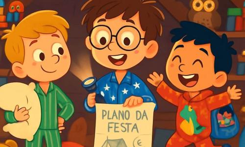 Há 3 personagens: João, um garoto de 8 anos com cabelos castanhos bagunçados e óculos redondos, vestido com um pijama azul com estrelas brancas, segurando uma lanterna, está no centro, olhando o plano da festa com um grande sorriso; Pedro, um garoto de 9 anos com cabelos loiros e sardas, vestindo um pijama verde listrado e segurando um grande travesseiro, está à esquerda de João, com uma expressão curiosa e divertida; Lucas, um garoto de 8 anos com cabelos negros e um grande sorriso, usa um pijama de dinossauro vermelho e carrega uma mochila cheia de doces, está à direita de João, pulando de excitação. O cenário é o velho sótão da casa de João, cheio de brinquedos coloridos, livros antigos e teias de aranha brilhantes, com luzes penduradas no teto, criando um ambiente acolhedor e misterioso. A cena mostra os três amigos se preparando para sua festa de pijama maluca, rindo juntos, cercados por almofadas macias e pelúcias gigantes, enquanto uma coruja curiosa os observa de uma prateleira.