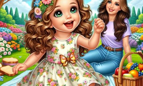Uma menina de 2 anos, Clara, com grandes olhos brilhantes e cabelos cacheados castanhos, sorri maravilhada no meio de um jardim colorido. Ela usa um vestido leve com flores e sandálias, estendendo a mão para uma linda borboleta laranja que voa ao seu redor, demonstrando sua alegria e curiosidade. Ao lado dela, sua mãe, uma mulher de cerca de 30 anos, com cabelos longos e lisos, vestida com uma camiseta pastel e jeans, sorri ternamente ao olhar para Clara, sentada na grama verde. Ela segura uma cesta de piquenique cheia de frutas e pão, pronta para compartilhar um momento de felicidade com a filha. O jardim está repleto de flores vibrantes de todas as cores: rosas, amarelas e azuis, sob um céu azul claro com nuvens brancas fofas. Árvores majestosas cercam o jardim, e um suave perfume de flores paira no ar. A cena principal mostra Clara brincando e correndo atrás da borboleta, enquanto sua mãe prepara um piquenique, criando uma cena alegre e cheia de vida, simbolizando a beleza da primavera.