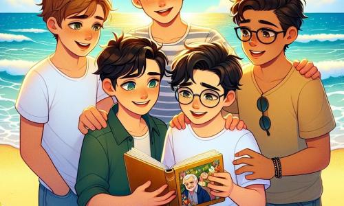 Em uma pequena praia ensolarada, quatro meninos de doze anos estão juntos. Lucas, com cabelos castanhos e olhos tristes, olha para o horizonte, segurando um álbum de fotos. Ao seu lado, Miguel, com cabelos loiros e um sorriso radiante, tenta confortar o amigo colocando a mão em seu ombro. Rafael, usando óculos e com cabelos castanhos, folheia o álbum, mostrando uma foto de um homem idoso sorridente, enquanto Tiago, com cabelos negros e olhos brilhantes, observa o mar com um olhar pensativo. O cenário é uma praia dourada, com ondas suaves quebrando na areia. Conchas coloridas estão espalhadas na costa, e palmeiras balançam suavemente ao vento. O céu é de um azul brilhante, com algumas nuvens brancas. A cena principal mostra os quatro amigos prestando homenagem ao avô de Lucas, lançando flores na água, simbolizando seu amor e memória. As flores flutuam suavemente na superfície do mar, enquanto o sol se põe no horizonte, criando uma atmosfera melancólica e cheia de esperança.