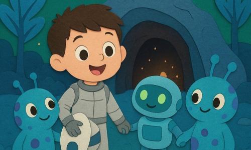 Um menino chamado Lucas, cerca de 8 anos, rosto redondo e cabelo castanho curto, com expressão maravilhada e sorriso, veste uma combinação espacial prateada leve e segura a alça de uma pequena nave oval à frente; ao seu lado está Robôzinho, um robô pequeno do tamanho de uma mochila, corpo metálico azul claro fosco e olhos redondos verdes, inclinando a cabeça de forma amigável; duas criaturas amigas da Lua Azul, de silhueta arredondada, pele turquesa com padrões roxos, grandes olhos ovais e antenas vibrantes, seguram as mãos de Lucas e de Robôzinho; cenário: uma clareira na Lua Azul com chão coberto de musgo azur, árvores azuis de troncos lisos e folhas em forma de asas, céu verde esmeralda com estrelas amarelas e pequenas rochas translúcidas que brilham como lanternas; situação: todos abrigados à entrada de uma caverna que emite pequenas luzes douradas, sorrindo e unidos enquanto uma nuvem escura estilizada passa no céu, composição clara, cores vivas, formas simples recortadas, texturas de papel e sombras suaves para um aspecto acolhedor e reconfortante.