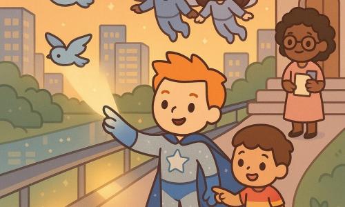 A smiling, benevolent superhero with upright orange hair and a silver-and-blue sparkling costume raises his right hand, emitting a soft light beam that gently guides flying birds; an about-8-year-old brown-haired boy in colorful clothes stands nearby on an elevated walkway, smiling and pointing; a grateful mayor in her 40s in a pastel dress with round glasses holds a document and a lemonade cup on the municipal steps in the background; two silver-winged teen Sky Guardians, a boy and a girl, hover behind the hero; the scene is on a large elevated walkway over a sparkling city of glass buildings and green parks at an orange-gold twilight, the hero dimming the walkway lamps with his beam to create a safe, warm path for the birds, in vivid pastels, rounded simplified silhouettes, composition centered on the light gesture and birds in flight.