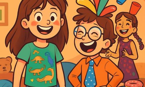 Melania, o fetiță de 12 ani cu părul lung și brunet și ochi strălucitori de curiozitate, poartă un tricou cu dinozauri și o pereche de pantaloni cu buline colorate. Zâmbește larg, cu obrașii roșii de emoție, în mijlocul unei camere pline de râsete. Lângă ea, Tică, un băiat de 11 ani cu ochelari rotunzi și părul în dezordine, râde zgomotos, purtând o cravată din hârtie și o creastă din baloane pe cap. Lia, o fetiță de 12 ani cu împletituri colorate și o rochie cu paiete, stă în fundal jonglând cu pahare din plastic, cu un zâmbet jucăuș pe față. Scena are loc într-o cameră magică, decorată cu ghirlande de lumini strălucitoare și perne pufoase, unde plușurile de toate dimensiunile sunt împrăștiate pe podea. Gogoși colorate sunt așezate pe o masă din lemn, adăugând o notă de dulceață atmosferei vesele. Melania și prietenii ei sunt într-o competiție de râs, încercând să nu râdă la glumele amuzante ale lui Tică, în timp ce hohotele de râs răsună în cameră, creând o atmosferă festivă și călduroasă.