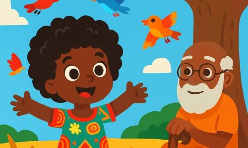 Een vrouw genaamd Nia, met krullend en glanzend haar, draagt een kleurrijke jurk versierd met Afrikaanse patronen. Ze heeft een stralende glimlach en sprankelende ogen van verwondering, terwijl ze in het midden van een gouden savanne staat, omringd door hoge gras. Dichtbij zit een oude wijze man van ongeveer 60 jaar, met een lange witte baard en ronde brillen, onder een grote baobab. Hij kijkt vriendelijk naar Nia terwijl hij een houten wandelstok vasthoudt. De lucht is helderblauw, met donzige witte wolken, en de zon schijnt fel, waardoor het landschap wordt verlicht. Nia staat met open armen, alsof ze de magie van de savanne omarmt, terwijl kleurrijke vogels om haar heen vliegen en leven en vreugde aan de scène toevoegen.