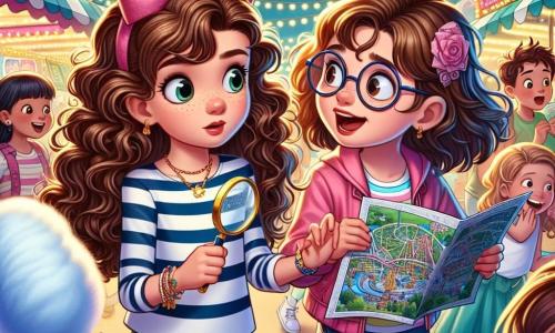A 9-year-old girl named Lily, with long curly hair and a pretty pink ribbon, shows great determination on her face. She wears a striped shirt and denim shorts, holding a magnifying glass in her right hand, ready to solve a mystery. Next to her, Emma, a 9-year-old girl with round glasses and straight hair, closely examines a carnival map, displaying a focused expression. Jack, a 9-year-old boy with messy brown hair and a colorful t-shirt, laughs while holding a large cotton candy, standing slightly back, ready to support his friends. The scene takes place in the heart of a lively carnival, with colorful tents, sparkling lights, and fairground games in the background. Children laugh and play around them, while the sweet smell of cotton candy fills the air. Lily, Emma, and Jack are questioning a mysterious girl wearing a blue hat, who seems nervous, as they try to solve the mystery of a missing diamond necklace.