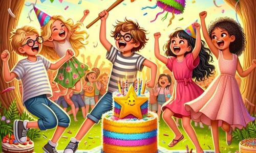 Un niño de 11 años, con cabello castaño desordenado y gafas, sonríe alegremente sosteniendo un sombrero de fiesta colorido. A su lado, una niña de cabello rizado y dorado, vestida con un vestido rosa, baila con entusiasmo, con los brazos levantados hacia el cielo. Otro niño, con una gorra al revés y una camiseta a rayas, ríe mientras sostiene una piñata en forma de estrella. Una niña de cabello negro, con una camiseta de estampados de animales, se prepara para golpear la piñata con un bate de madera. El escenario es un parque soleado, lleno de flores coloridas y árboles verdes. En el centro, hay un gran mantel a cuadros con pasteles, dulces y globos flotando en el aire. Al fondo, amigos reunidos cantan alegremente, creando una atmósfera festiva y cálida. La escena principal muestra el momento en que los niños celebran un cumpleaños sorpresa, rodeados de risas y alegría, listos para golpear la piñata y liberar dulces coloridos.