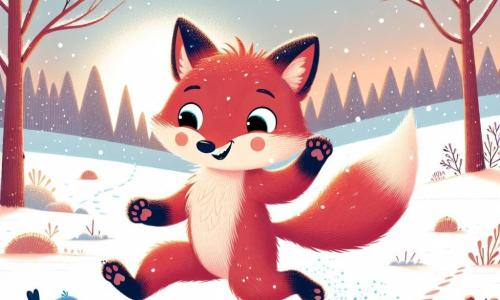 Un piccolo volpe di nome Rudi, con un pelo rosso brillante e occhi scintillanti di curiosità, salta gioiosamente in un paesaggio innevato, lasciando dietro di sé impronte nella neve. Ha un grande sorriso sul volto, esprimendo l'eccitazione dell'esplorazione. Vicino a lui, un piccolo uccello blu di nome Pio, posato su un ramo, guarda Rudi con un'aria amichevole e curiosa, le sue piume leggermente arruffate dal vento freddo. Il paesaggio è un magnifico bosco invernale, con alberi spogli coperti di neve scintillante e fiocchi che cadono dolcemente da un cielo grigio chiaro. La scena principale mostra Rudi che gioca felicemente nella neve, mentre Pio lo osserva, creando un'atmosfera di amicizia e avventura invernale, piena di magia e scoperte.