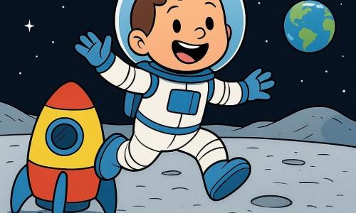 A man named Max with a round face, short brown hair, a big smile and bright eyes wears a white-and-blue spacesuit with a large clear helmet; joyful and amazed, he gently jumps out of a small colorful spaceship onto the Moon surface with one foot in the air and arms open, no other people present, a smooth silvery moon rock sparkles beside his boots, the scene shows the pale gray cracked ground with small rounded hills and crescent footprints under a black starry sky, and the small blue-and-white Earth on the horizon; simple, clear, high-contrast rounded shapes suitable for toddlers.