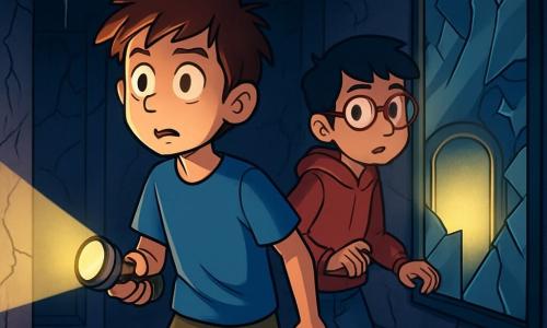 Há 2 personagens principais: João, um garoto de 11 anos com cabelos castanhos bagunçados, vestindo uma camiseta azul e um short caqui, segurando uma lanterna na mão direita, iluminando o caminho à sua frente; e Miguel, um garoto de 11 anos com cabelos pretos e óculos redondos, vestido com um moletom vermelho e jeans, observando ao redor com um ar curioso, um pouco atrás de João. O cenário principal é uma casa de espelhos abandonada, com paredes rachadas e espelhos quebrados que refletem imagens distorcidas. Teias de aranha pendem dos tetos escuros, e uma luz fraca entra pelas fissuras, criando uma atmosfera misteriosa e inquietante. João e Miguel estão parados na entrada da casa de espelhos, enquanto um espelho no fundo da sala começa a brilhar com uma luz estranha. Eles estão prestes a descobrir um segredo oculto, com expressões de curiosidade e apreensão, enquanto uma leve brisa faz as teias de aranha tremularem.