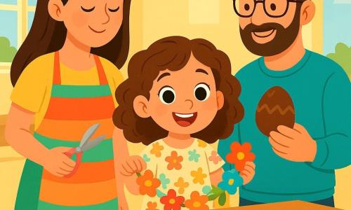 Uma menina de 4 anos, chamada Lia, com grandes olhos brilhantes e cabelos cacheados castanhos, sorri alegremente segurando uma guirlanda de flores coloridas em suas pequenas mãos. Ela usa um vestido leve com estampas de flores e sandálias rosas, e seu rosto irradia excitação e felicidade. Ao lado dela, sua mãe, uma mulher na casa dos trinta anos, com cabelos longos e lisos, usa um avental colorido e olha para Lia com ternura, segurando uma tesoura em uma mão. O pai, um homem na casa dos trinta anos, com uma barba suave e óculos, sorri segurando um ovo de chocolate na outra mão, pronto para dar à filha. A cena acontece em uma cozinha iluminada, com paredes pintadas de amarelo pastel, janelas abertas deixando entrar o sol dourado, e uma mesa de madeira coberta de papéis coloridos, flores e guirlandas em criação. Lia e seus pais estão preparando uma guirlanda de Páscoa, cercados de decorações coloridas, enquanto o vento faz as flores dançarem na mesa, criando uma atmosfera alegre e festiva.