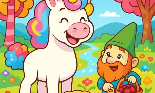 A joyful unicorn named Pompom, with a cotton candy mane in pink, blue, and yellow, stands at the center of the image, radiating happiness. Instead of a tail, she has a colorful pom-pom that squeaks with every movement. Beside her, Wizzle, a small gnome with a red beard and a green pointed hat, gazes at the unicorn with a delighted smile, holding a basket filled with giggleberries. In the background, an enchanting Twinklewood landscape unfolds: candy-trunked trees, sparkling lemonade rivers, and fields of colorful flowers dancing in the wind. The scene depicts Pompom and Wizzle preparing a large giggleberry pie, with laughter and bursts of color filling the air, creating a joyful and magical atmosphere.