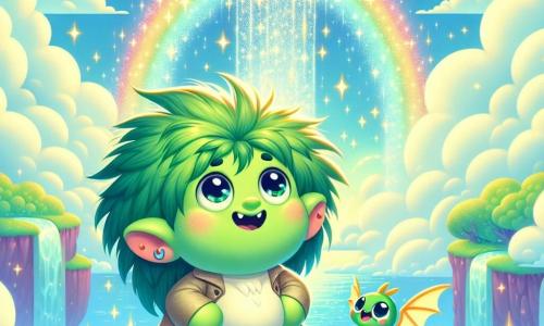 In the center of the image, Trumble, a troll with a big smile, stands on a green hill. He has soft green skin, round sparkling eyes, and messy hair resembling small tufts of grass. He gazes in wonder at a magnificent cloud shaped like a shimmering door, his posture full of enthusiasm and determination. Next to him, Flicker, a small dragon with star-like shiny scales, joyfully flies in the air. His eyes are bright and mischievous, emitting sparks of light as he flaps his wings, seeming to encourage Trumble and ready to help in their quest. In the background, the floating kingdom of Skydale majestically stretches out, with fluffy cloud islands, sparkling waterfalls, and a blue sky sprinkled with pastel colors. Rainbows arc between the islands, adding a touch of magic to this fairy-tale landscape. The scene captures the moment when Trumble, the brave troll, prepares to cross the cloud door to meet the Cloud Guardian, symbolizing adventure and friendship in a fantastical world.
