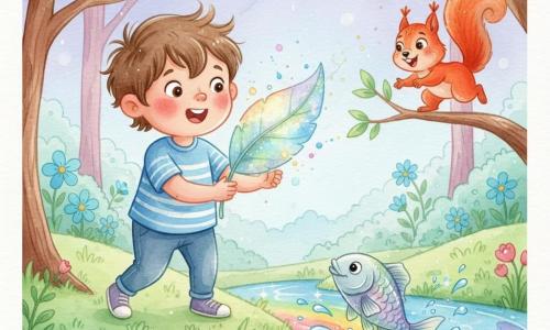 A 4-year-old boy with a round face, rosy cheeks and messy brown hair, smiling in wonder, holds a large sparkling leaf and looks around; nearby to his right Sammy the squirrel with bright reddish fur and gleaming eyes hops on a branch, and in front Finny the fish with a silver, rainbow-tinged body leaps from a colorful river that flows through a fairy forest of pink trees, cyan flowers, mint-green grass and a soft violet sky; in the foreground the rainbow river reflects bright spots and tiny shimmering waves, the mood is bright and magical with watercolor washes and controlled splashes around the leaf, the boy seeming ready to be carried by a light breeze and the shiny leaf as the source of magic with animals close and smiling.