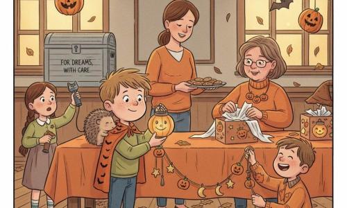 A proud, sweet 6-year-old boy with a round freckled face and tousled light brown hair wears an orange cape with tiny bats and carefully holds a small smiling round lamp being placed into a decorated box while a tender-looking ~33-year-old woman with tied brown hair stands behind him offering a tray of cookies; a volunteer woman of about 50 in an orange sweater with a pumpkin necklace wraps the lamp in shiny tissue at the table; a ~8-year-old boy dressed as a scarecrow laughs while holding one end of a felt garland of pumpkins, stars and moons crouched to the right of the box; a ~7-year-old girl nearby shows a cat-shaped flashlight and a small found button; a small round soft-spined hedgehog sniffs the garland from the main boy’s shoulder with a curious affectionate expression. The scene is inside a town hall decorated for Halloween—paper garlands and bats on the ceiling, warm lights, a wooden table with an orange cloth, scattered dry leaves and a light-gray painted chest labeled “For Dreams, With Care.” Several children and adults gently wrap a colorful garland around the special box containing the smiling lamp, laughing softly in a warm, slightly magical autumn palette (orange, brown, mustard, gray) with clear lines and rounded shapes in a Franco-Belgian comic style, child-friendly composition.