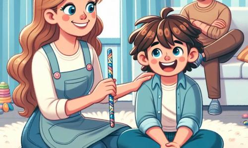 An 8-year-old boy named Leo, with bright blue eyes and curly brown hair, is sitting on a plush carpet in his living room. He has a big smile on his face, showing his joy and enthusiasm, holding a colorful stick painted yellow with blue and red patterns, symbolizing their 