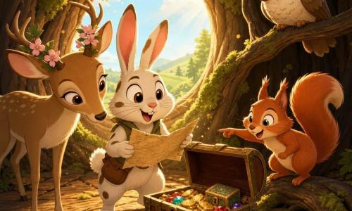 A young adventurous rabbit (main character) — white fur with brown spots, large silky ears, bright round eyes and an amazed smile — holds a crumpled old map and opens a dusty wooden chest with a determined excited posture; a wise beige owl with round glasses perches on a branch above the trunk entrance, head tilted calmly toward the chest; a clever red squirrel with a bushy tail stands on a root to the rabbit's right, tiptoeing and pointing at a pile of coins; a gentle doe with cream fur and flowers in her antlers leans left of the chest, nose near the lid with a tender, kind expression; setting: hollow interior of a large oak on a hill with uneven wooden floor, knotted roots, green moss and golden sunlight filtering through the circular entrance, dust motes in the air; main situation: discovery of hidden treasure — open chest filled with shiny coins, colorful gems and a small ornate box, warm magical atmosphere, surprised joyful expressions, composition centered on the chest with characters in a semicircle; graphic style: saturated colors, soft textures, crisp cel-shaded shadows, welcoming magical mood.