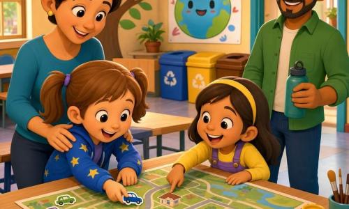 Luna, niña de 6 años, sonriente, coletas castaño claro, chaqueta azul con estrellas, pega una minipegatina en forma de coche en un gran plano del barrio sobre una mesa; Maya, niña de 6 años, alegre, pelo castaño liso con diadema amarilla, señala una casa riendo; la madre de Luna, ~32 años, cariñosa, pelo recogido, inclinada detrás con las manos en los hombros de Luna y mirada orgullosa; el señor Dani, ~40 años, sonriente, camisa verde, junto a la entrada con una botella reutilizable mirando con aprobación; decorado: sala polivalente colorida con mesas de madera, carteles de un árbol y un globo sonriente y contenedores de reciclaje; situación: momento cálido y luminoso en que niños y adultos pegan pegatinas 