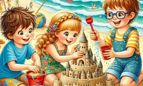 In een vrolijke scène op het strand zijn drie kinderen bij elkaar. Joris, een 10-jarig jongetje met rommelig bruin haar en een blauwe t-shirt, is geconcentreerd bezig met het bouwen van een groot zandkasteel. Naast hem houdt Lotte, een 9-jarig meisje met gevlochten blond haar en een kleurrijke bloemenjurk, een hartvormige schelp vast die ze net heeft gevonden, met een verwonderde glimlach. Sam, een 10-jarige jongen met een bril en kastanjebruin haar, giet water over het kasteel met een rode emmer en lacht om de situatie. Op de achtergrond baadt het strand in stralend zonlicht, met zachte golven die op het gouden zand breken. Kleurrijke parasols en gezinnen genieten van de dag, terwijl meeuwen door de blauwe lucht vliegen. De hoofdscène laat de kinderen zien die samenwerken om het mooiste zandkasteel te creëren, omringd door schelpen en strandspeelgoed, wat vriendschap en de vreugde van de zomervakantie symboliseert.