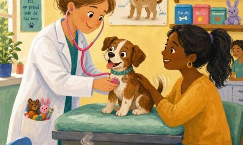 Uma veterinária sorridente e meiga, cabelo castanho-claro preso em coque, jaleco branco com bolsos cheios de brinquedos, apoia um pequeno estetoscópio rosa no peito do filhote com expressão atenciosa e postura calma; Pipo, filhote pequeno, castanho com manchas brancas, rabo abanando, olhos redondos e curiosos, sobre uma mesa de exame almofadada cor menta, língua entre bocejos; a dona, mulher de ~28 anos, cabelo preto em rabo de cavalo, sorriso tranquilo, sentada ao lado acariciando o filhote e olhando para a veterinária; clínica veterinária luminosa, paredes amarelo-pastel, prateleiras de madeira com frascos de ervas e caixas coloridas, pôster infantil de anatomia canina, cadeira azul e uma chaleira fumegante numa mesa baixa; cena de consulta terna, veterinária escuta o coração do filhote enquanto a proprietária segura sua pata, atmosfera quente, texturas de gouache, pinceladas suaves e luz suave filtrada pela janela.