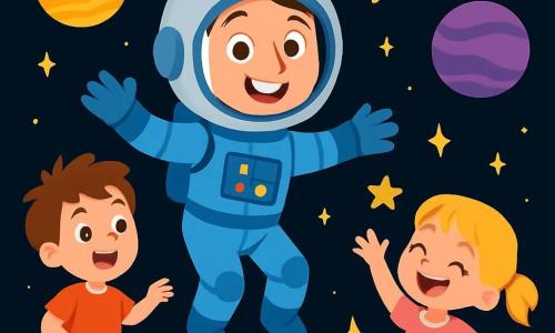 Een astronaut, een glimlachende vrouw met een grote zilveren helm en een blauwe ruimtepak, zweeft vrolijk in de ruimte, omringd door schitterende sterren en kleurrijke planeten. Ze heeft sprankelende ogen van nieuwsgierigheid en een stralende glimlach die haar enthousiasme toont. Dichtbij kijkt een 6-jarig jongetje, Sam, met rommelig bruin haar en een rode t-shirt, verwonderd toe. Hij hangt in de lucht en houdt een klein balletje vast dat naast hem zweeft. Een 5-jarig meisje, Lisa, met blonde staartjes en een roze jurk, probeert blije vallende sterren te vangen en lacht van vreugde. De scène speelt zich af in de uitgestrektheid van de ruimte, met een zwarte achtergrond vol heldere sterren en levendige planeten zoals geel en paars in de verte. De hoofdactie toont astronaut Anna en de kinderen die samen in de ruimte spelen, zwevende objecten vangen en lachen, wat een sfeer van geluk en avontuur creëert.