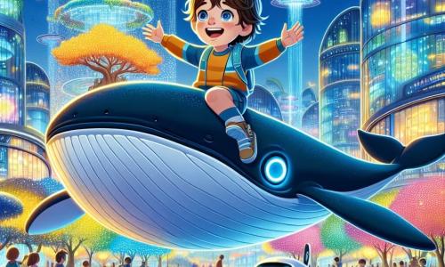 In un parco futuristico di Lumilandia, un bambino di tre anni di nome Luca, con i capelli castani arruffati e un sorriso splendente, è seduto sulla schiena di un'enorme balena volante. Accanto a lui, il suo amico robotico Robi, un robot dalle forme arrotondate e dagli occhi luminosi, fluttua gioiosamente nell'aria, con le braccia aperte. Insieme osservano il paesaggio colorato della città sottostante. Il parco è pieno di fiori luminescenti dai colori vivaci e alberi con foglie scintillanti che si ergono verso il cielo. Balene volanti con ali brillanti danzano nell'aria, creando un'atmosfera magica. Sullo sfondo, case futuristiche con facciate di vetro e luci lampeggianti si estendono a perdita d'occhio, mentre i bambini giocano con i robot nei vialetti. La scena principale mostra Luca e Robi mentre vivono un'avventura incredibile, sorvolando Lumilandia, meravigliati dalla bellezza della loro città futuristica, circondati da lampi di luce e colori vivaci.