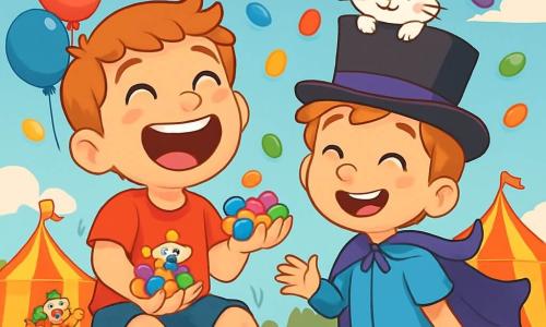 A 6-year-old boy, Benji, with big bright round eyes, a beaming smile, and rosy cheeks, is wearing a red t-shirt with a small clown drawing and blue shorts. He is laughing heartily, sitting on a large cream cake, with his hands full of colorful candies. Next to him, Max, also 6 years old, wearing a purple cape and a top hat, holds a small white rabbit named Sprinkles on his head, both smiling joyfully. In the background, a red and yellow circus tent, with floating balloons and dancing clowns, creates a festive and colorful atmosphere. The scene depicts Benji and Max celebrating the magical moment of candies falling from the sky, filling the air with bright colors and cheerful laughter.