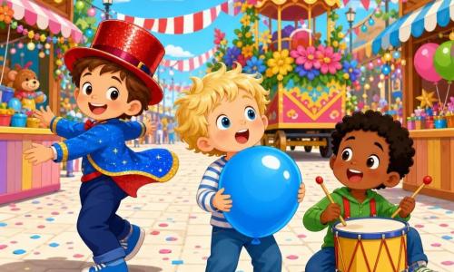 Three boys at a colorful carnival street: Max, 6, short brown hair, shiny red hat, on the left spinning and smiling; Leo, 5, tousled blond hair, slightly forward in the center holding a large blue balloon high, red shoes and a look of wonder; Sam, 5, black hair on the right, seated or crouched, playing a small yellow drum with sticks and mouth open as if singing; striped red-and-white banners overhead, pastel wooden stalls, round string lights, light paved ground with pink and blue confetti, and a large flower-decorated float in the background, joyful atmosphere and vivid colors.