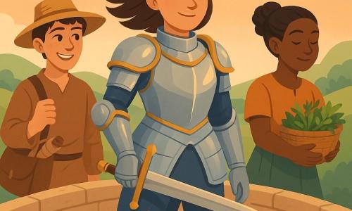 In the center of the image is a knightess, Dame Elowen, wearing a gleaming armor reflecting the setting sun. She has a determined and kind face, with brown hair flowing in the wind. She holds a sword, lowered as a sign of peace. Beside her, Jory, a young man around 25, wears a straw hat and a shoulder bag filled with maps. He smiles mischievously while holding a rope. Mira, a 20-year-old woman, stands nearby, holding a basket of medicinal plants with a focused and calming demeanor. They are on a recently repaired stone bridge, surrounded by green hills and a pastel-colored sky. The main scene depicts the united trio, ready to face the next challenge, with the bridge symbolizing their collective success and the strength of their friendship.