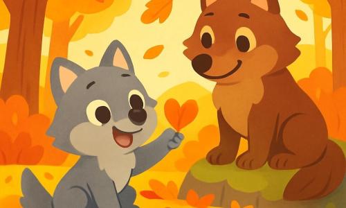 Un pequeño lobo de ojos brillantes y pelaje suave y gris, sonriente con asombro, está sentado sobre una alfombra de hojas de otoño de colores vivos, rojas y amarillas. Recoge delicadamente una hoja en forma de corazón, con las patas estiradas con alegría. A su lado, su mamá, una gran loba de pelaje marrón y ojos cálidos, mira a su pequeño con ternura, sentada sobre una roca cubierta de musgo, sonriendo con orgullo. El lugar es un bosque encantado, bañado en luz dorada, con majestuosos árboles de hojas ardientes y una suave brisa que hace danzar las hojas en el aire. La escena principal muestra al pequeño lobo creando un corazón con hojas coloridas, rodeado de la belleza del otoño, lleno de felicidad y emoción.