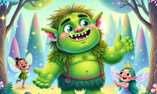 A big soft-hearted ogre named Glump stands by a sparkling river, wearing a broad smile. He has green skin, sparkling curious eyes, and messy brown hair. Glump joyfully dances to the melody of the water, arms wide open, ready to have fun. Nearby, a tiny fairy with shimmering wings, barely 10 centimeters tall, flits around him. She has golden hair and wears a dress made of colorful flower petals. The fairy laughs and claps, adding to the joyful atmosphere. The setting is a magical forest with trees adorned in vibrant blue, pink, and purple leaves. The river sings softly, its clear waters reflecting sunlight, while candy flowers emit a sweet scent. The main scene shows Glump dancing enthusiastically by the river, surrounded by fairies encouraging him to join their joyful dance, creating a festive and friendly ambiance in this enchanting landscape.