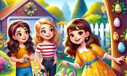 In un giardino colorato, quattro ragazze sono riunite per una caccia alle uova di Pasqua. Emma, una ragazza di 12 anni con capelli ricci e un grande sorriso, tiene un cestino pieno di uova decorate e guarda le sue amiche con eccitazione. Chiara, anche lei di 12 anni, ha capelli lunghi e lisci e indossa un vestito giallo; si china su un'aiuola di fiori, scoprendo un uovo blu nascosto tra i petali. Sofia, un'altra ragazza di 12 anni con capelli castani e occhiali, sta frugando nel garage, il suo viso illuminato dalla scoperta di un uovo dorato. Martina, l'ultima ragazza di 12 anni, ha capelli castani e indossa una maglietta a righe; si trova vicino a un grande albero, tenendo un indizio scritto su un foglio colorato. Il giardino è pieno di fiori vivaci, alberi verdi e un cielo blu chiaro, creando un'atmosfera gioiosa e festiva. I raggi del sole illuminano la scena, aggiungendo un tocco magico a questa giornata di Pasqua. Le ragazze ridono e si incoraggiano, condividendo momenti di felicità mentre cercano le uova nascoste in questo luogo incantevole.