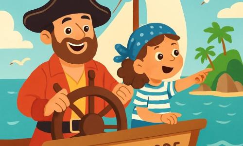 Un pirata alegre, un hombre de unos 30 años, con un gran sombrero negro adornado con una pluma roja, una sonrisa brillante y una barba marrón, está en la cubierta de su barco, el 