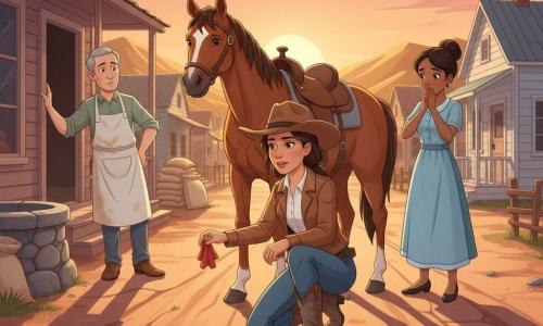 Eine Cowgirl namens Lena kniet in staubiger Präriestraße bei Sonnenuntergang, trägt braunen Filzhut, braune Lederjacke, Jeans und staubige Stiefel, untersucht entschlossen Rad- und Hufspuren und hält ein kleines rotes Tuch; hinter ihr steht ihr Fuchs Sternchen mit großer weißer Stirnzeichnung und heller Ledersattel ruhig dicht bei ihrer Schulter; links steht ein etwa 45-jähriger Bäcker mit bemehlter Schürze besorgt in der Tür seiner Holzbackstube, rechts eine etwa 30-jährige Lehrerin mit Dutt und einfachem Kleid, Hand vor dem Mund; umgeben von blass gestrichenen Holzhäusern, Mehlsäcken, einem steinernen Brunnen und goldenen Hügeln — Lena ist bereit, aufzusteigen, um den verschwundenen Wasserwagen zu suchen.