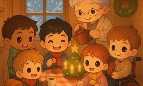 Er zijn zeven personen: Noor, jongen ±7 jaar, kort bruin haar, lichtgroene jas, links van de tafel die glimlacht en een warme beker naar het midden reikt; Bram, jongen ±7 jaar, rommelig blond haar, rode sjaal, rechts van Noor zittend met een koekje in zijn rechterhand; Timo, jongen ±7 jaar, glad zwart haar, blauwe trui, links van het midden zittend en breed glimlachend; Jesse, jongen ±7 jaar, lichtbruin haar, in een rode rolstoel vooraan rechts van de tafel die zacht de hand van Lotte vasthoudt; Lotte, meisje ±7 jaar, rood haar in vlechtjes, lichtroze jas, naast Jesse links van de rolstoel zittend met een klein glanzend belletje aan haar sjaal; Oma, oudere vrouw met grijs haar in een knot en crèmevest, achter de tafel bij het raam die warm chocolademelk inschenkt; en een klein bruin hondje met een schuin gebreid mutsje dat bij Brams stoel op de grond zit en kwispelt. Plaats: gezellige lage keuken/woonkamer met lichte houten muren, ronde gelakte houten tafel met rood-wit geblokte tafelkleed, kleine kerstboom op een bijzettafel, kaarsen op de tafel en een beslagen raam waar buiten sneeuw valt. Situatie: intieme, warme kerstsfeer waarin de kinderen en Oma warme dranken en koekjes delen rond de tafel, met stoom uit de kopjes en zacht goudkleurig licht.