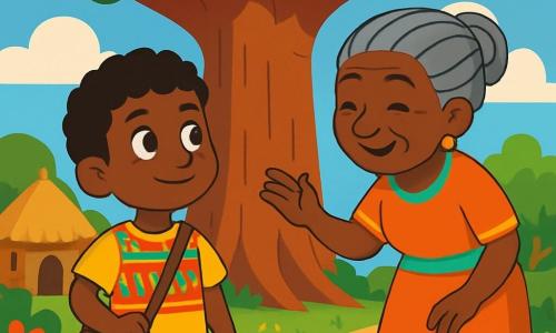 Een jonge jongen genaamd Samba, ongeveer 10 jaar oud, staat onder een enorme baobab, zijn ogen stralend van vastberadenheid en nieuwsgierigheid. Hij heeft een warme bruine huid, krullend haar en draagt een kleurrijk t-shirt met Afrikaanse patronen. Samba houdt een kleine schoudertas vast, klaar om op avontuur te gaan. Naast hem geeft zijn wijze grootmoeder van ongeveer 70 jaar, met gevlochten grijs haar en een vriendelijke glimlach, hem advies. Ze draagt een traditionele jurk in felle kleuren en staat iets gebogen, alsof ze het gewicht van de wijsheid van de wereld draagt. De locatie is een pittoresk Afrikaans dorp met lemen huizen met rieten daken, omringd door groene velden en schitterende bloemen. De lucht is helderblauw met donzige witte wolken. Samba, met een vastberaden blik, bereidt zich voor om op zoek te gaan naar de verdwenen grote trommel, terwijl de grootmoeder hem aanmoedigt met een gebaar van haar hand, wat een sfeer van avontuur en magie creëert.