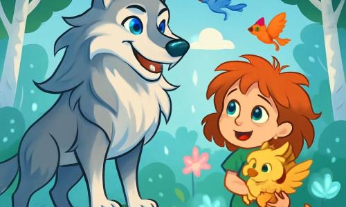 A majestic werewolf with silver fur and sapphire blue eyes stands on a green hill, the wind blowing through its fur. Its expression is both curious and friendly, with a slight smile revealing sparkling fangs. Beside it, Seraphina, a ten-year-old girl with tousled hair and sparkling green eyes, watches the werewolf in awe, holding a small golden griffin in her arms. The setting is an enchanted clearing surrounded by silver-trunked trees and softly glowing luminescent flowers. Fluffy clouds float above, and colorful birds fly around, adding a touch of magic to the environment. The main scene depicts Seraphina and the werewolf meeting for the first time, a moment of discovery and budding friendship as they prepare to explore the mysteries of the kingdom of Lumoria together.