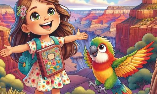 In primo piano, una bambina di 6 anni, Sofia, con lunghi capelli castani e occhi pieni di curiosità, sorride gioiosamente tenendo il suo diario colorato contro il petto. Indossa un vestito leggero a fiori e sandali, e si trova su una piattaforma di legno, con le braccia aperte come se volesse abbracciare il mondo. Accanto a lei, un piccolo pappagallo colorato di nome Kiwi, con piume verdi e gialle, vola felicemente intorno a lei, le ali spiegate, esprimendo un'energia vivace. Sullo sfondo, il Grand Canyon si estende maestoso, con rocce di tonalità rosse, arancioni e gialle che brillano sotto il sole al tramonto. Il cielo è di un blu profondo, punteggiato di nuvole bianche e soffici, e una leggera brezza fa danzare le foglie degli alberi circostanti. La scena principale mostra Sofia e Kiwi, meravigliati dalla bellezza del paesaggio, mentre scoprono insieme le meraviglie del Grand Canyon, con un senso di avventura e gioia nell'aria.